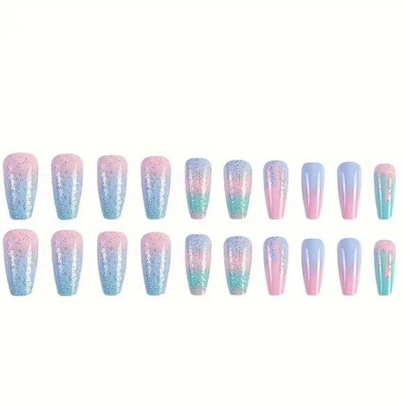 NEW Pastell Pink Blue Green Long Coffin Paint Drip Nails - Picture 5 of 6